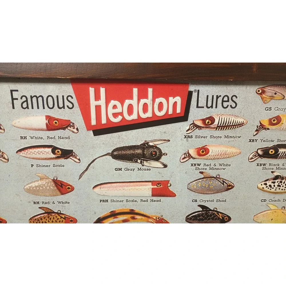Heddon Lures Metal Wall Decor 17x13.5 Brown Excellent Framed Tin Art 1129857